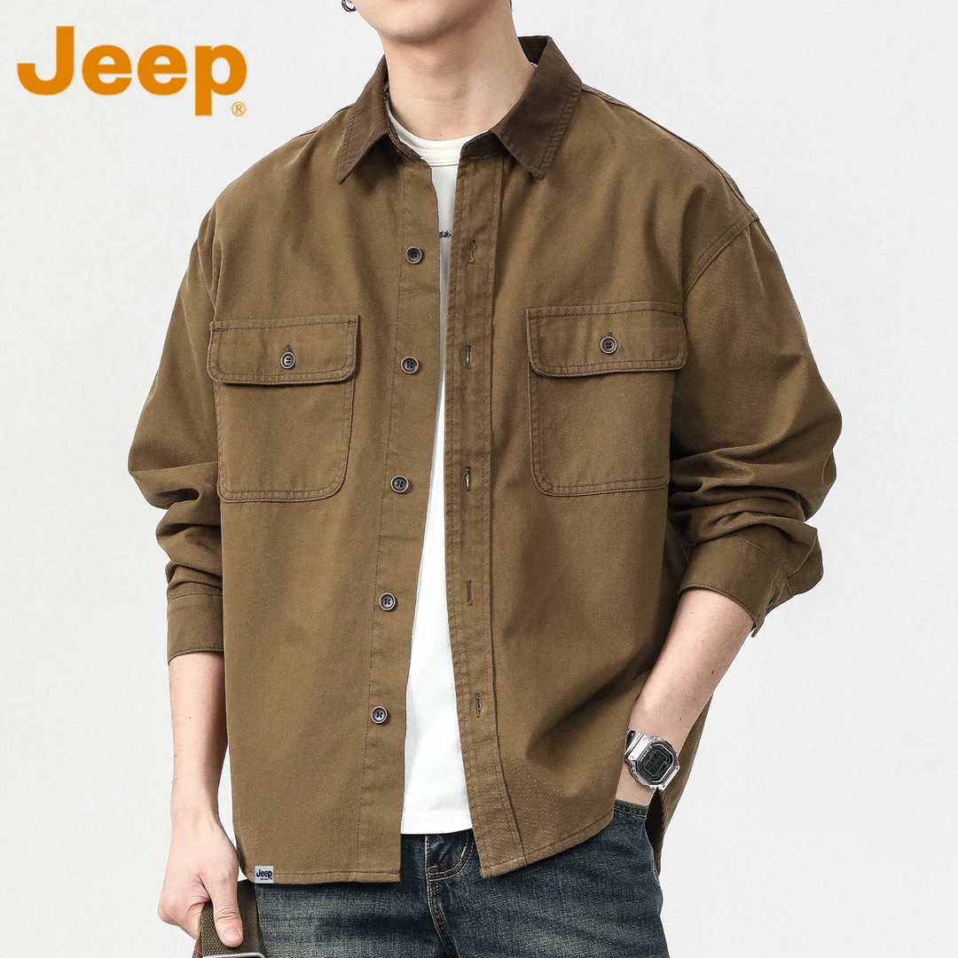 JEEP吉普重磅纯棉长袖衬衫男士春秋季美式高级感休闲翻领衬衣外套