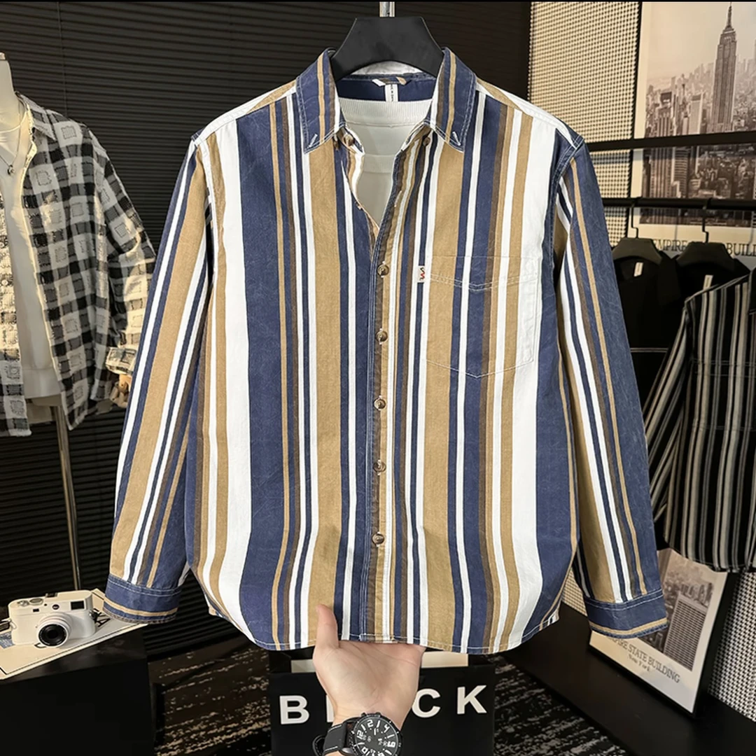 日系复古条纹拼色高级感气质长袖衬衫男士潮流衬衣外套上衣设计感