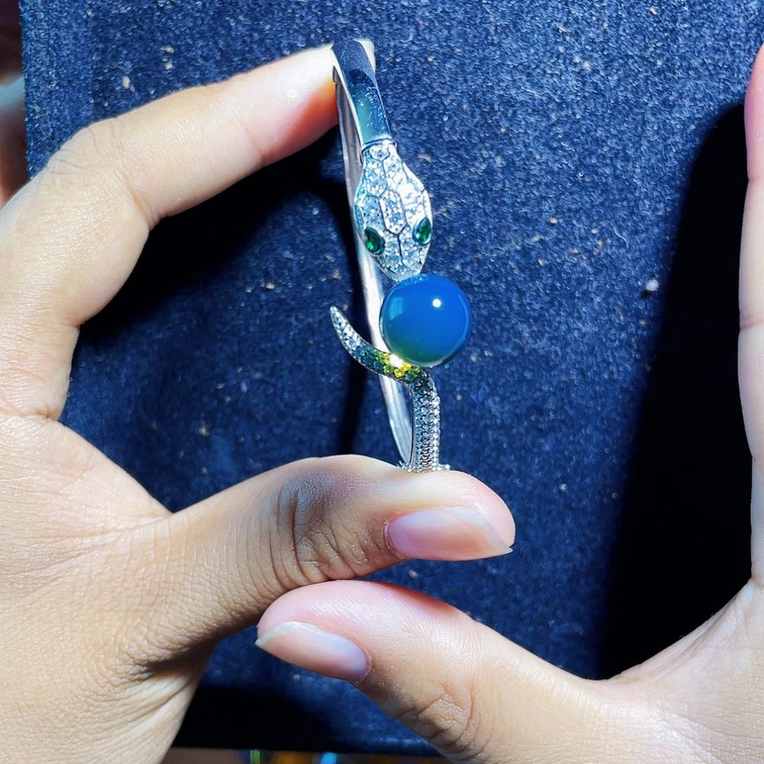 蓝珀裸石银S925镶嵌灵蛇手镯