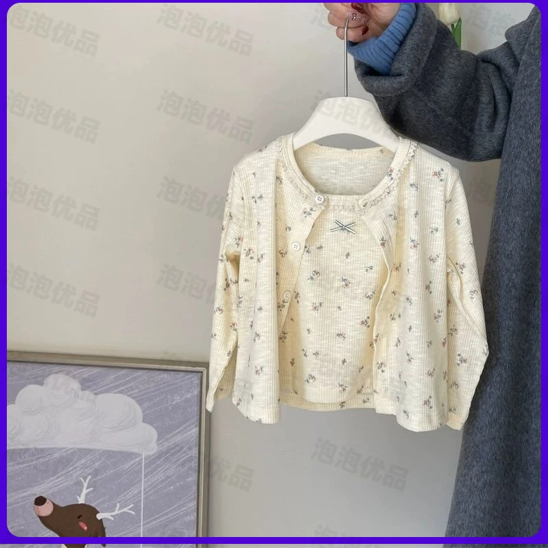女童碎花开衫吊带套装洋气春装新款2025女宝宝甜美背心两件套百搭