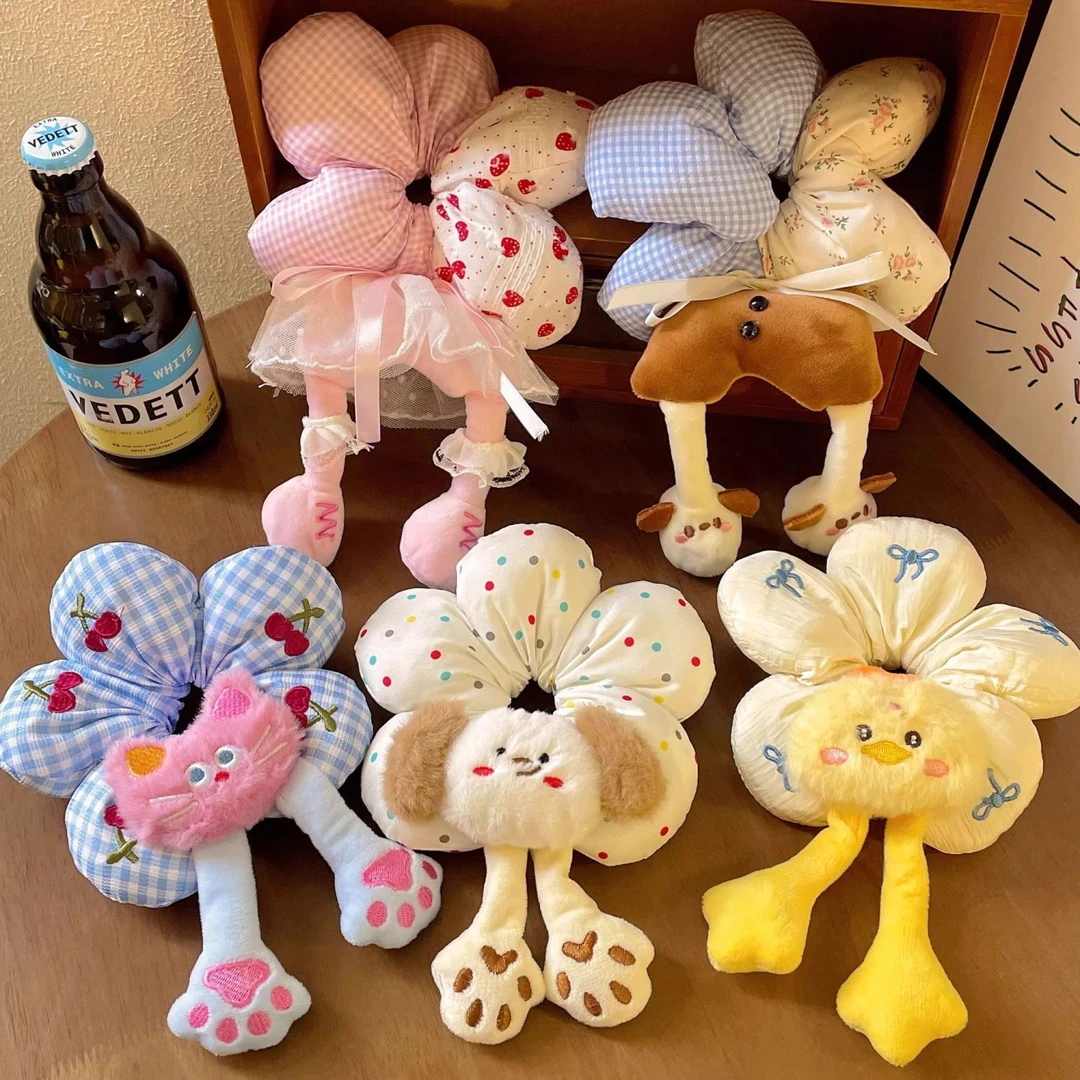 可爱卡通趣味花朵大肠发圈女高级感充棉立体小狗头绳小黄鸭发绳