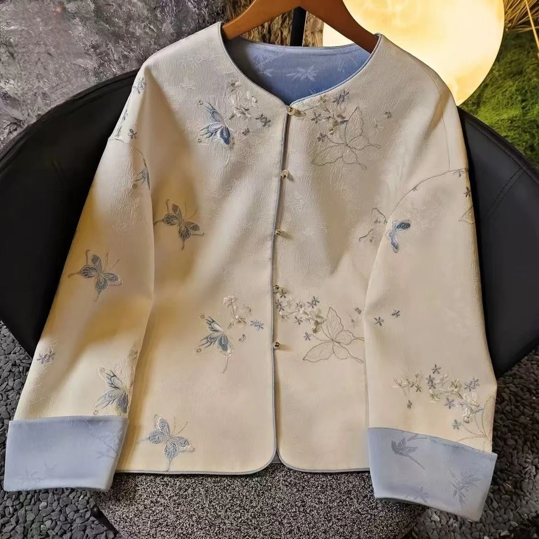 新中式国风刺绣双面穿外套女时尚气质百搭复古显瘦圆领上衣潮流