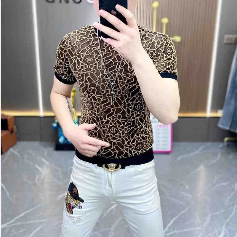 阿飞男装男士夏季新款时尚潮流百搭冰丝薄款金丝圆领修身短袖T恤