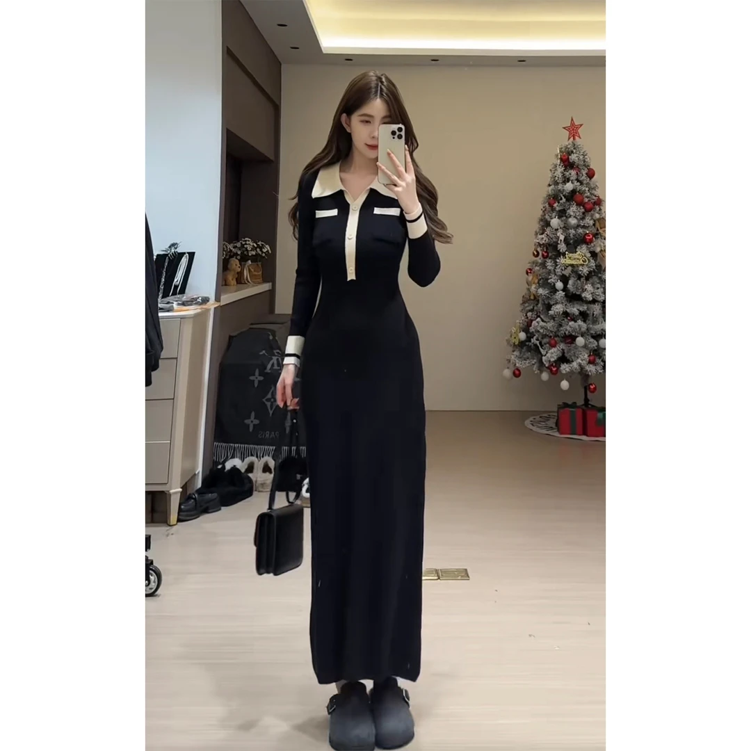 舒胡蕾 高智欧尼 针织连衣裙气质显瘦长袖时尚春秋修身收腰长款