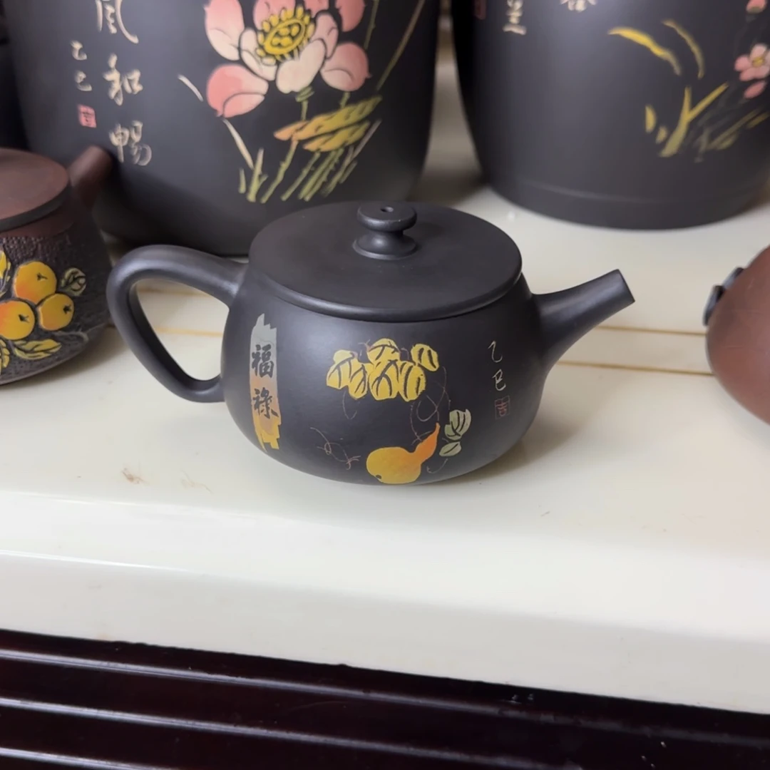琉璃手工艺品建水紫陶茶壶彩填