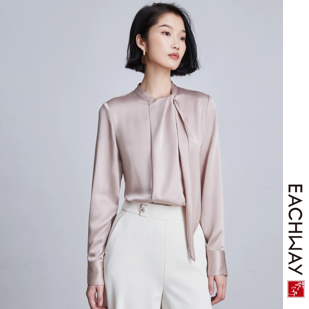 【亲肤缎面醋酸衬衫】秋季气质通勤飘带领女式上衣