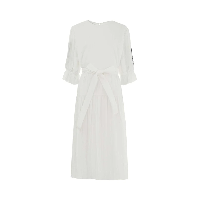 【小云总专享】圣迪奥女装圆领时尚气质收腰撞色印花中袖连衣裙