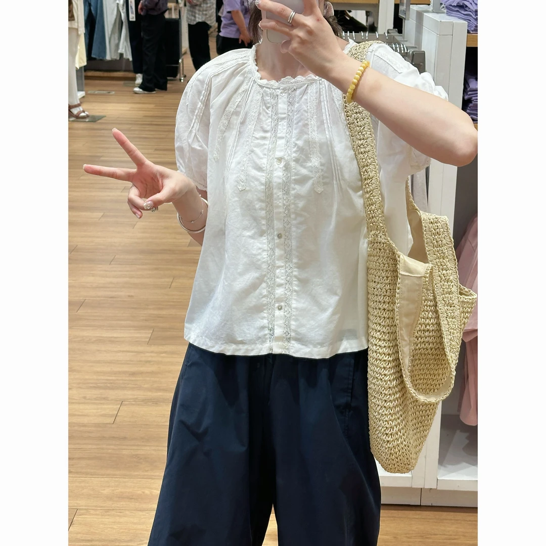【歡囍夏季清仓】夏季新款精致重工蕾丝镂空拼接短袖女衬衫