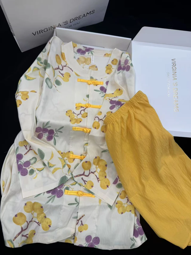 新中式国风睡衣长袖衬衫女短裤印花新款宽松盘扣百搭薄款夏季休闲