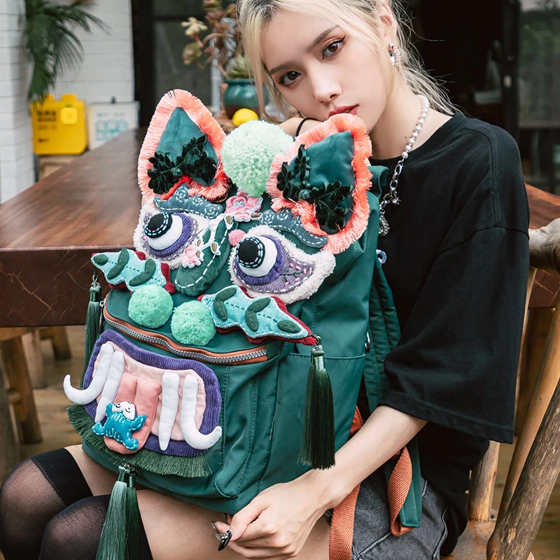 芽小七原创国潮风虎头系列手工2021新款夏大容量帆布双肩背书包女