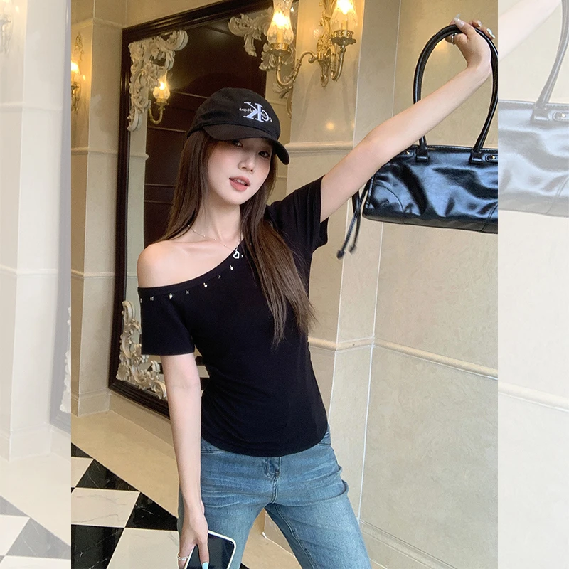 韩版螺纹短袖显瘦高腰夏季斜肩休闲T恤时尚黑色气质修身短款小众