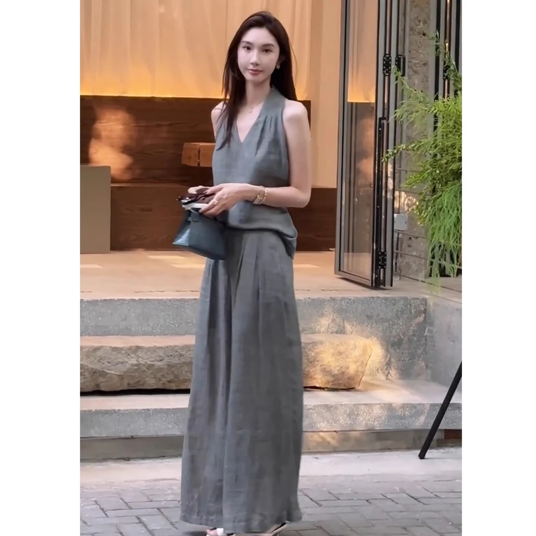 法式时尚复古亚麻套装夏季ins风收腰显瘦无袖上衣高级感休闲长裤