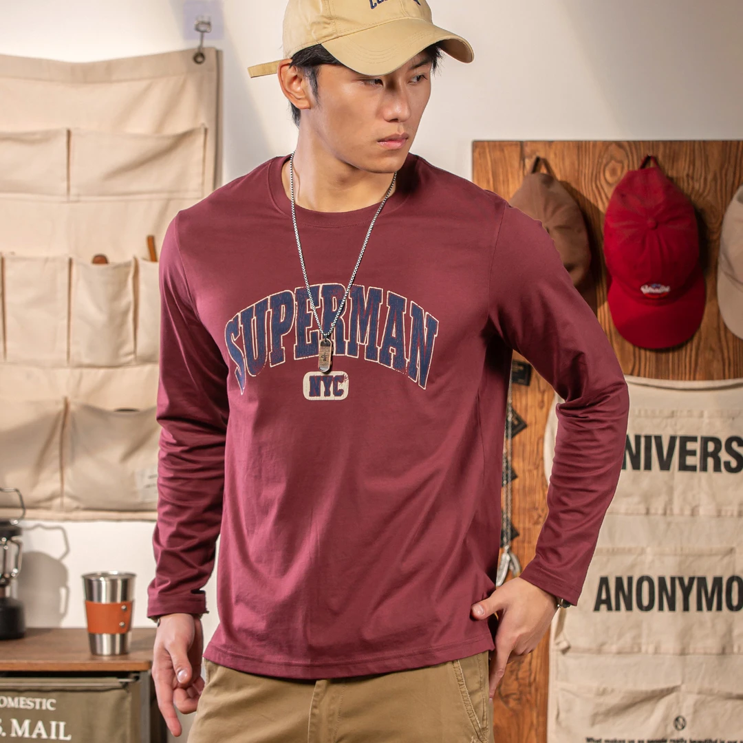 美式复古印花长袖t恤男纯棉秋季新款红色上衣圆领休闲衣服打底衫