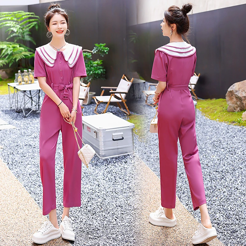 2025韩版阔腿裤夏季中腰小个子裤子修身宽松连体衣薄款连体裤