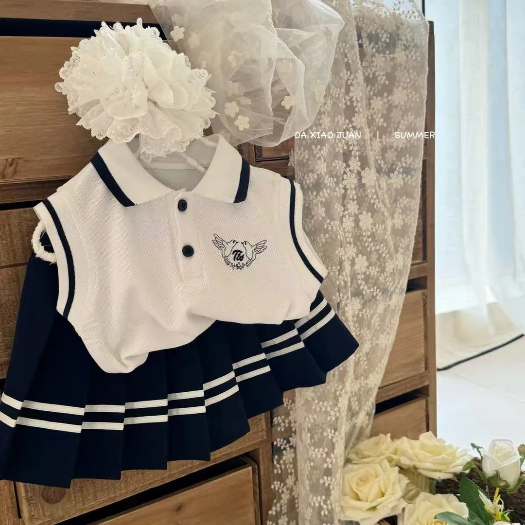 女童学院风套装新款儿童韩版polo背心上衣女宝宝百褶裙套装