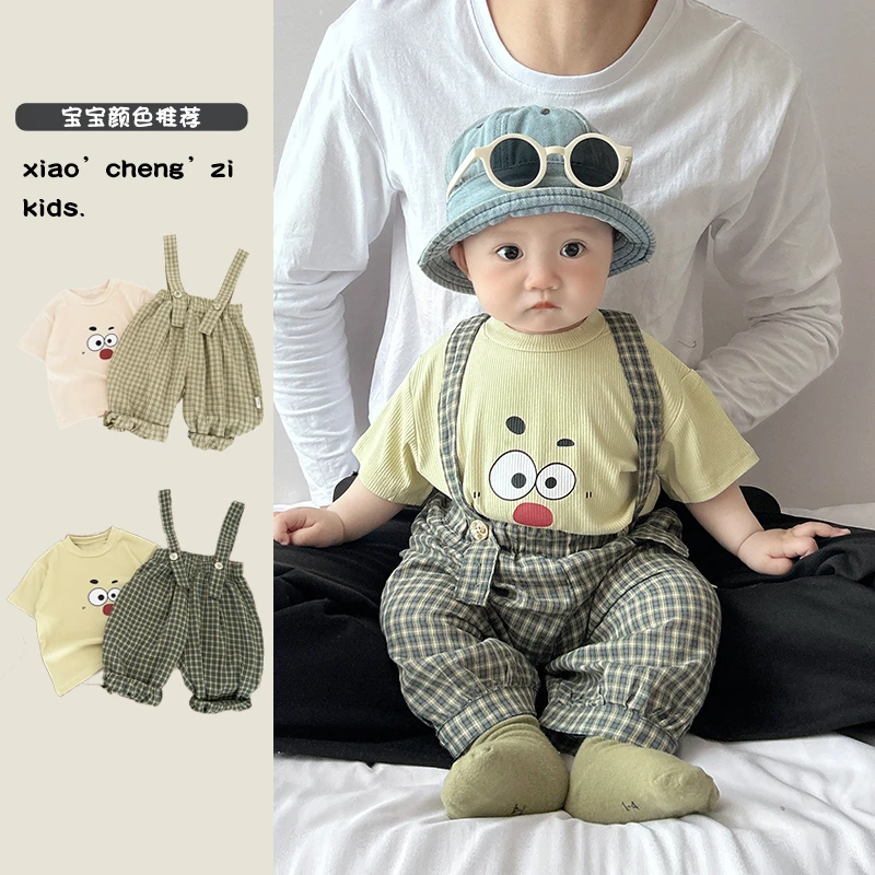 T25X103 夏季格纹背带长裤套装休闲风男宝女宝洋气爬服格子薄韩系