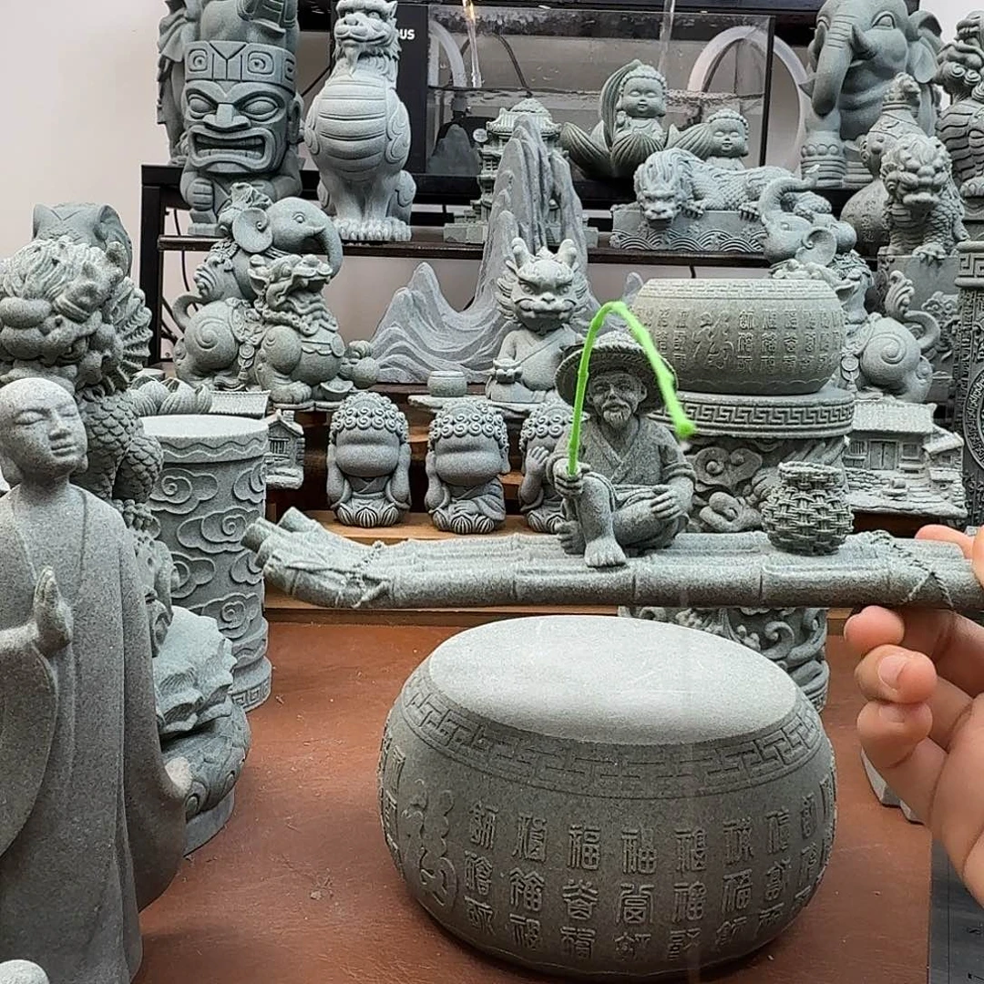 石材青砂石钓鱼老者带竹筏