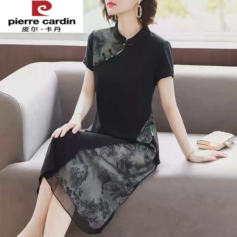 皮尔卡丹新款妈妈夏装短袖改良旗袍裙贵夫人长裙中年女冰丝气质连