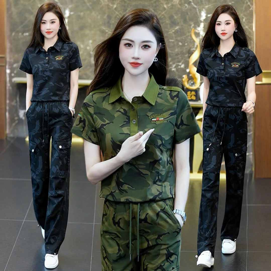 迷彩服套装女夏季新款大码显瘦短袖直筒百搭长裤户外休闲两件套潮