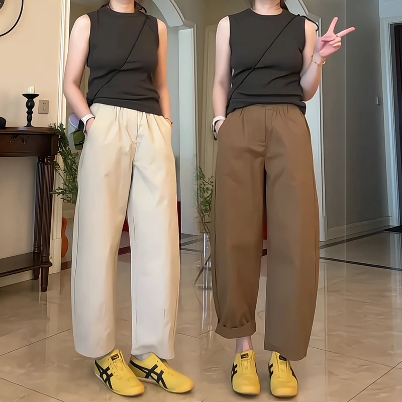 欧货纯色九分休闲裤女2025夏季新款宽松显瘦直筒老爹裤高腰奶奶裤