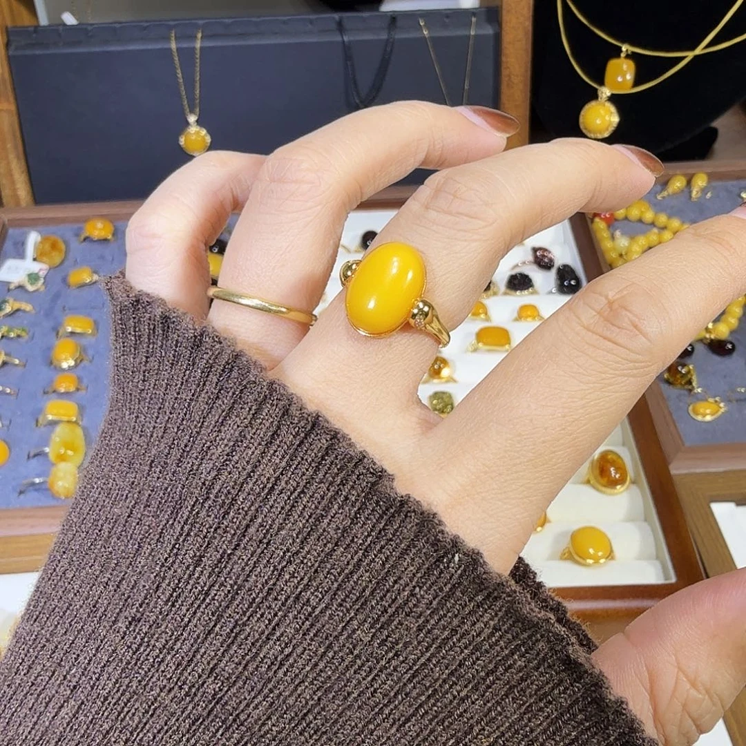 蜜蜡银S925镀金镶嵌戒指