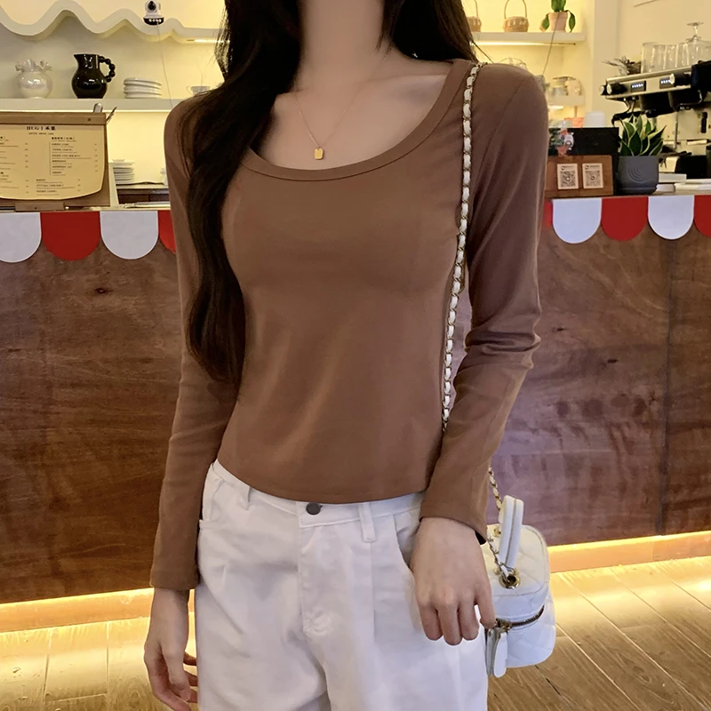 美式长袖t恤女春秋衣外穿2025新款打底衫内搭上衣正肩方领小个子