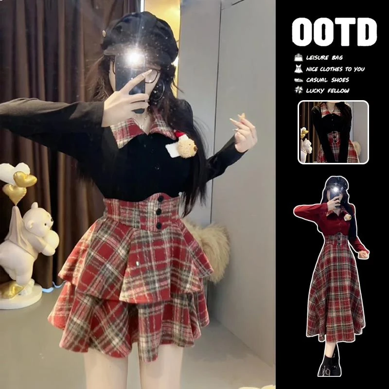 圣诞节穿搭过年新年战袍红色连衣裙子女秋冬季2025新款高级感套装