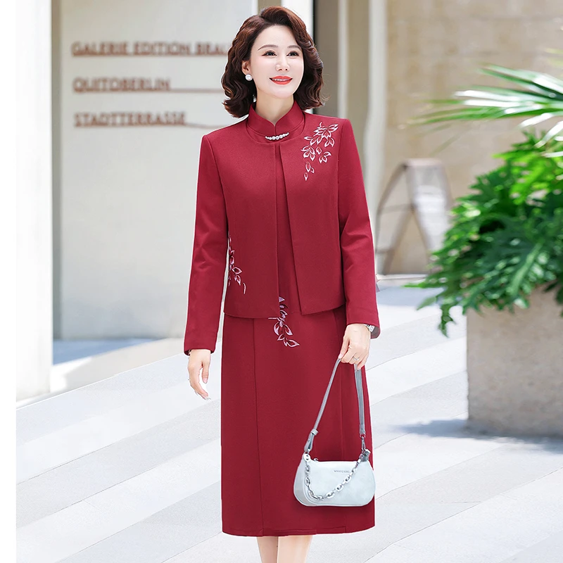 中长款婚宴礼服洋气中老年妈妈装秋季长袖裙子时尚中年女装两件套
