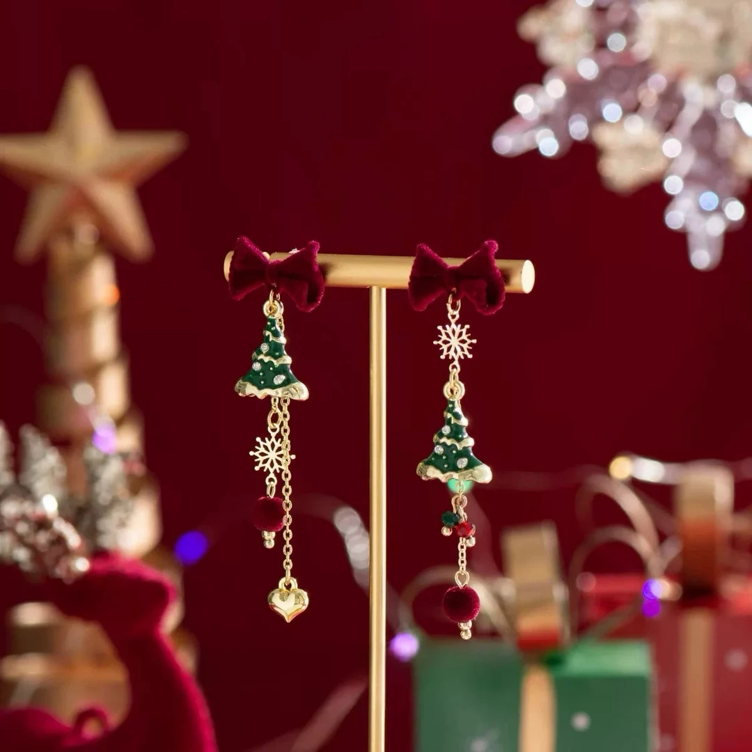 铜合金耳饰 蝴蝶结圣诞树流苏耳钉甜美小众设计高级感圣诞节耳饰