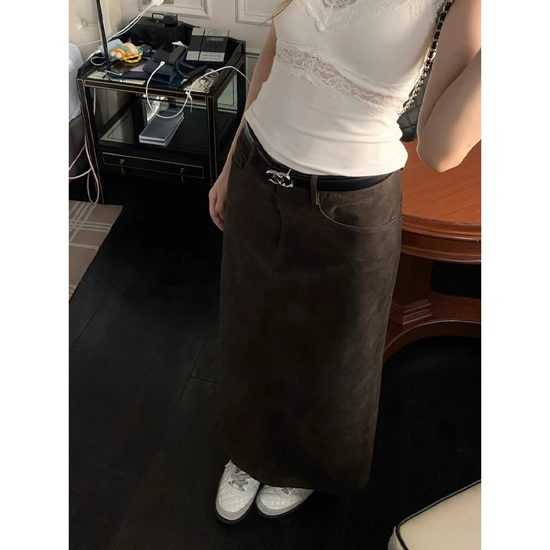 耶古美拉德咖色皮绒半身裙女秋冬新款高腰直筒裙后开叉包臀长裙子