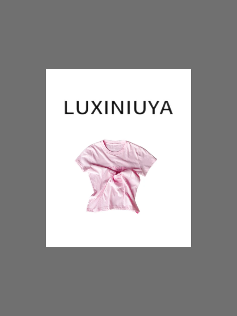 【LUXINIUYA】重工粉色字母时尚刺绣图案短袖T恤#CX3337