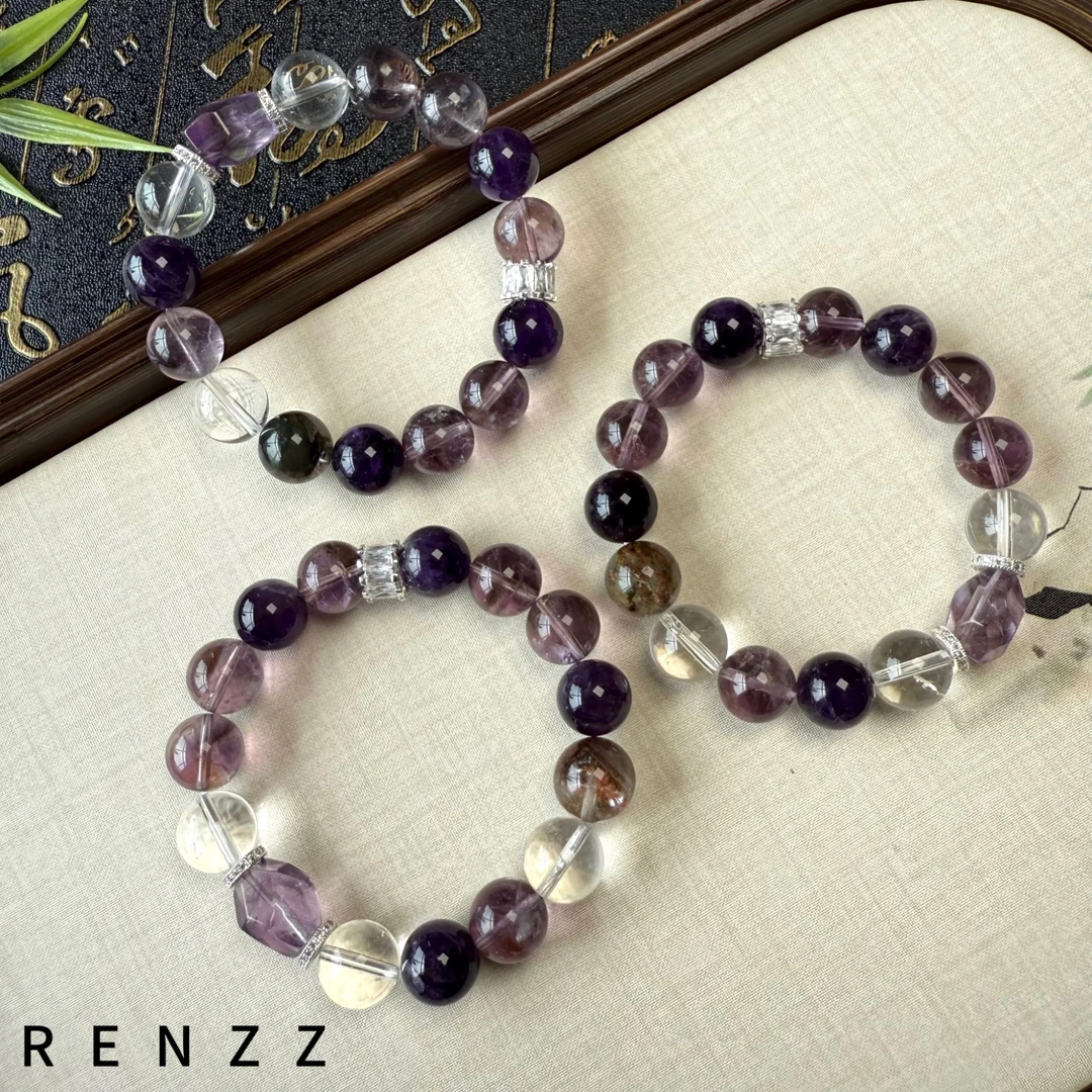 5667（紫气加米）天然紫水晶/绿幽灵手串(多样性发一条)