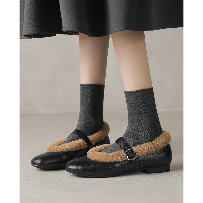 跟高1.5CM/ 黑色真皮玛丽珍单鞋女秋冬加绒复古保暖鞋