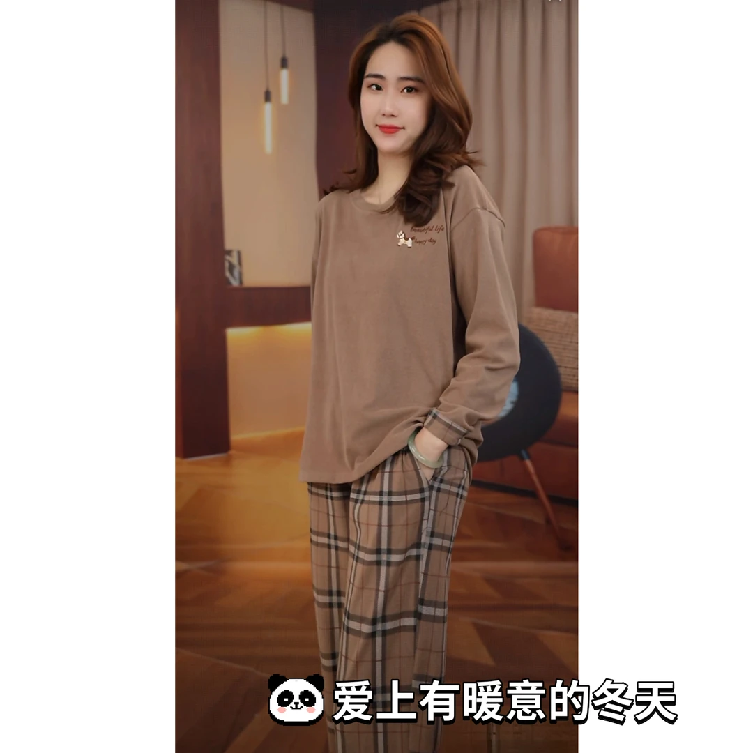 冬季加厚睡衣女新款爆款德绒长袖长裤可外穿家居服（格子小马）