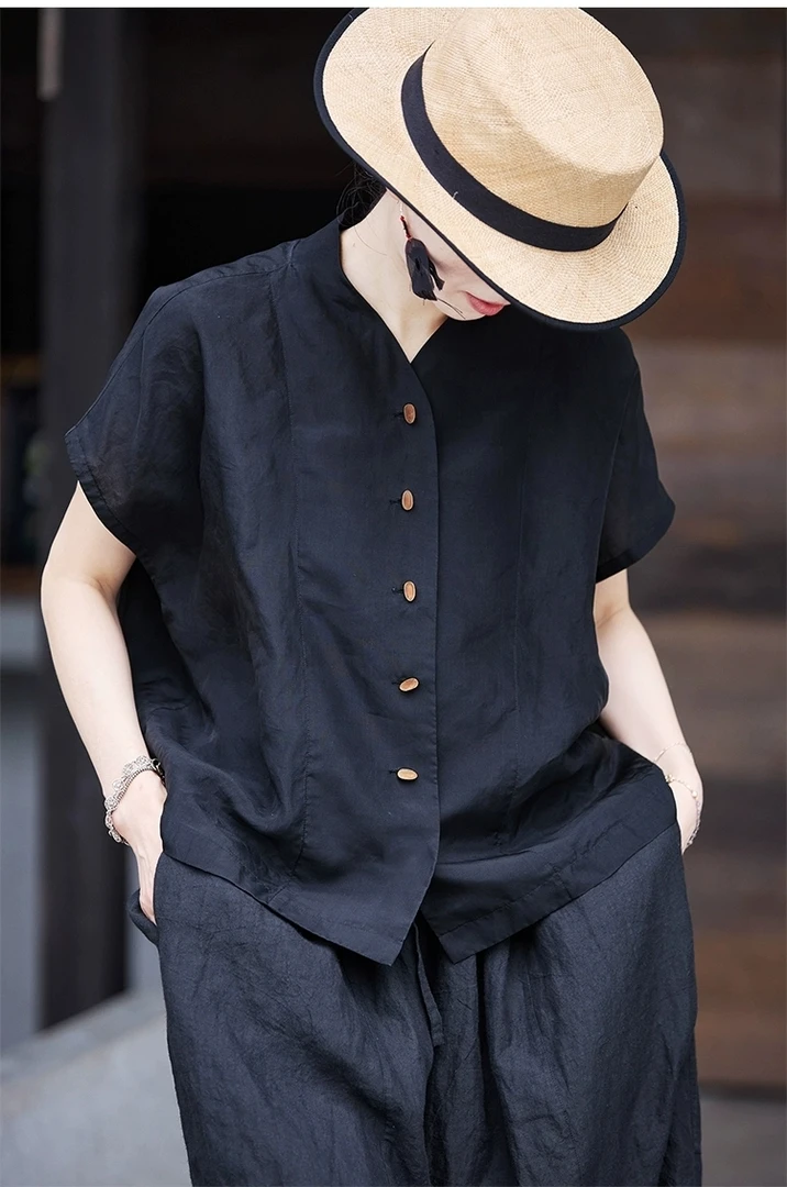 夏季新款晨雾黑亚麻高密清凉防透轻中式衬衫2507