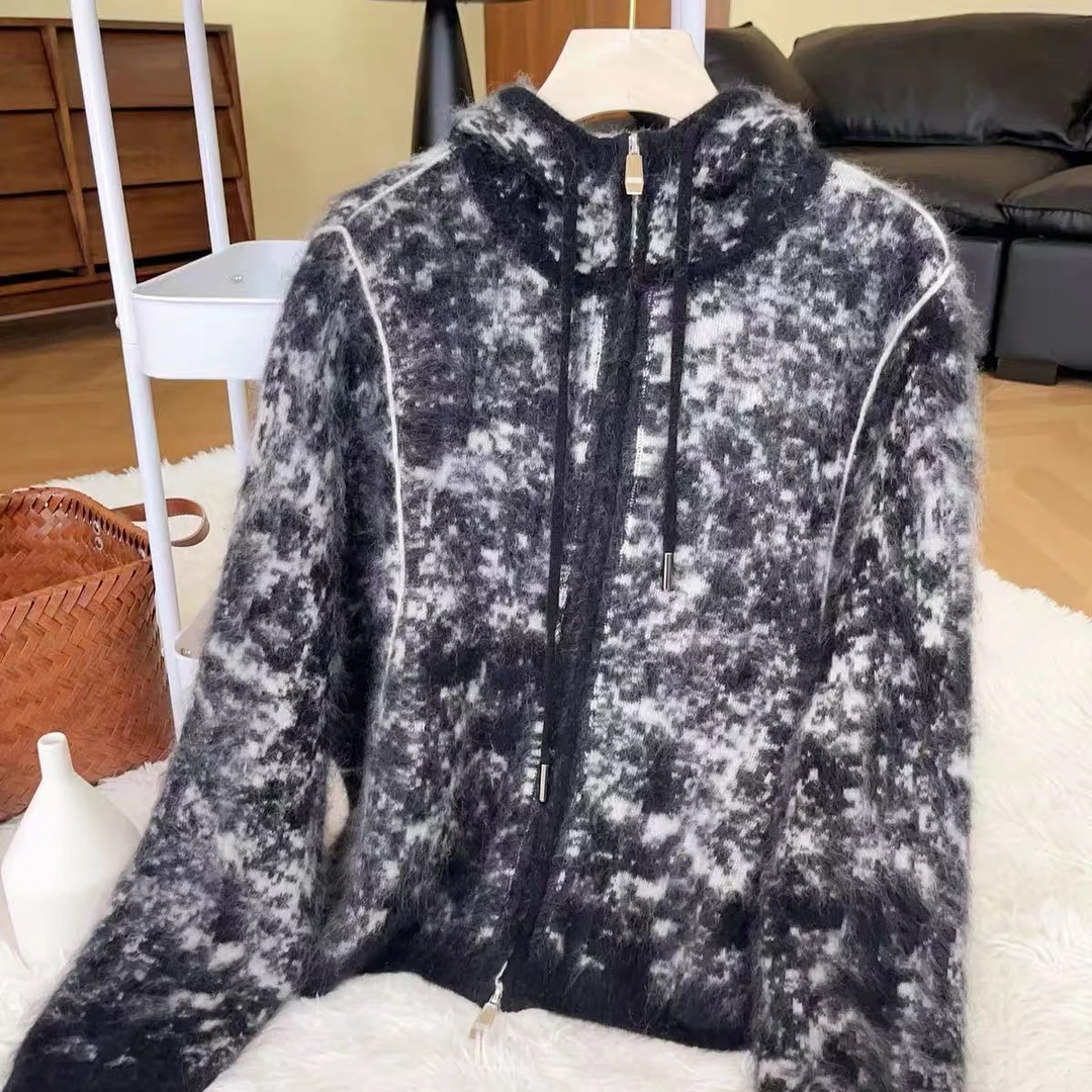 【段公子优选】羊绒衫女连帽毛衣提花水洗拉毛外套拉链针织衫25130