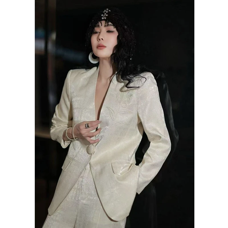 重工提花订珠高级感V领西装阔腿裤名媛总裁套装正式场合两件套潮