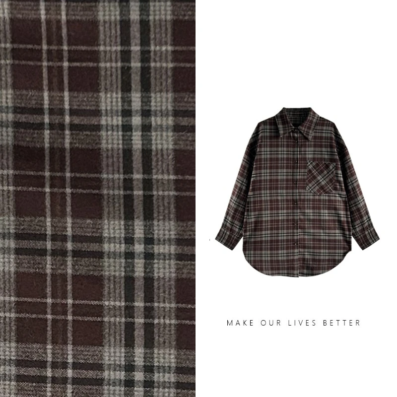复古慵懒感廓形棕灰色格子百搭休闲长袖上衣衬衫