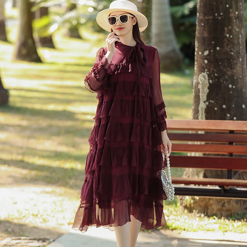 拜占庭的森林时尚桑蚕丝连衣裙显瘦气质百搭优雅大气酒红色蛋糕裙