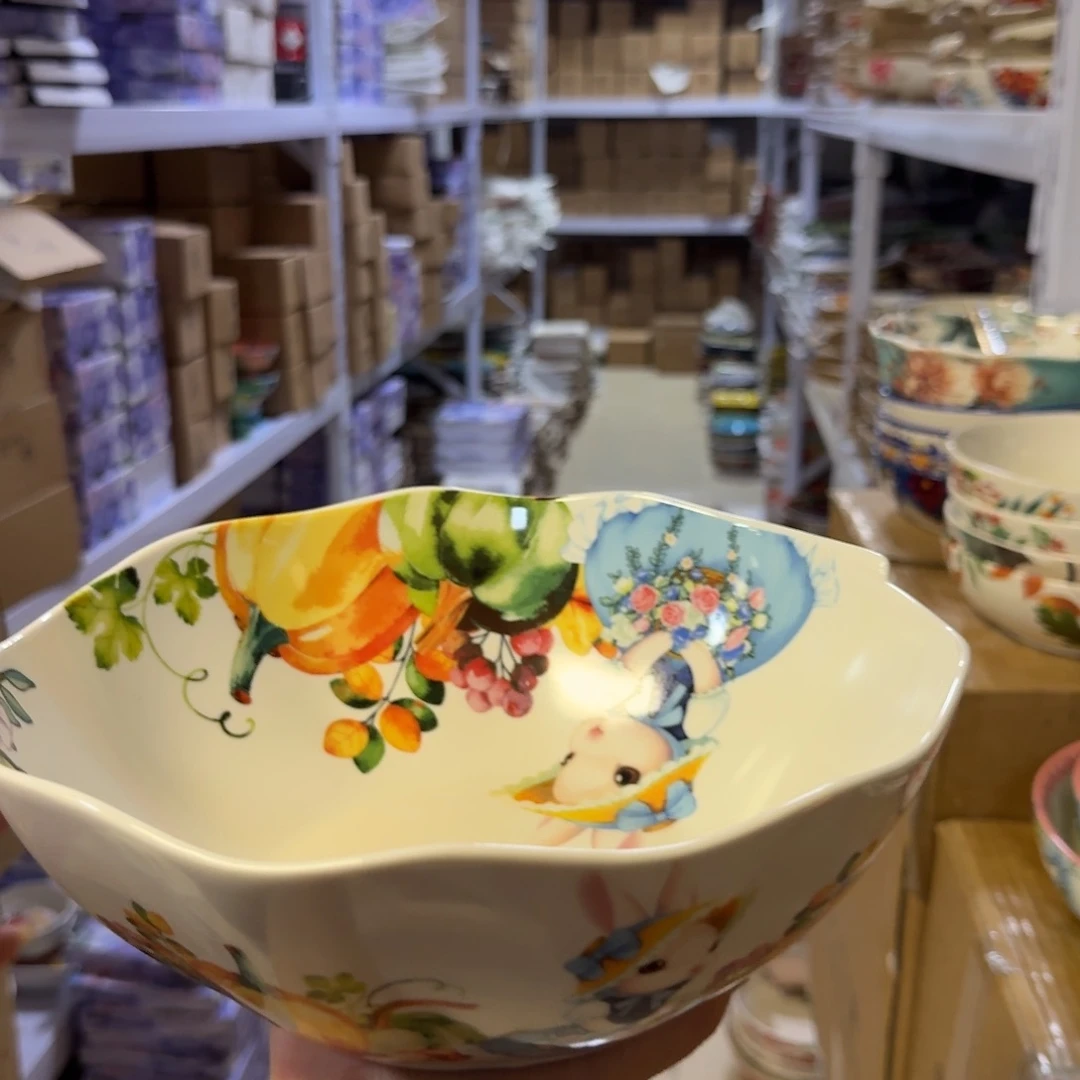 瓷10英寸南瓜兔花边汤碗一只