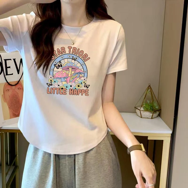 不规则圆弧下摆修身显瘦短袖T恤女士夏季设计感小众印花圆领上衣