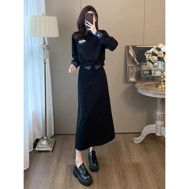 法式时尚套装女2025新品气质拼接卫衣假两件套春秋长袖高腰半身裙