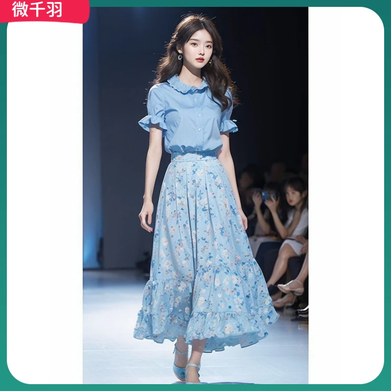 1夏装搭配一整套韩系蓝色短袖衬衫碎花半身裙套装2025女装夏季l