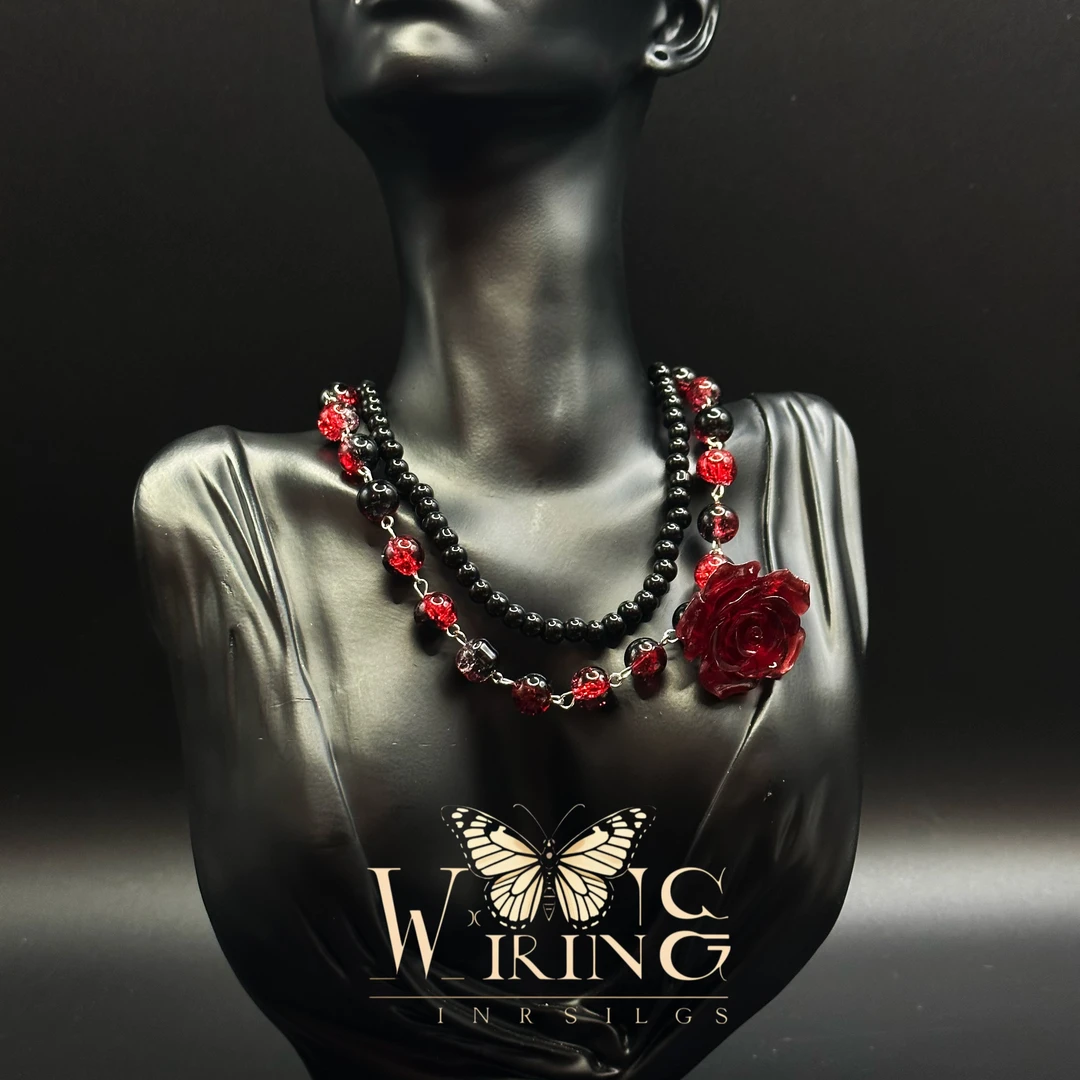 铜仿珍珠项链 王大嘴原创 “黑红玫瑰”时尚黑红双层玫瑰项链A801