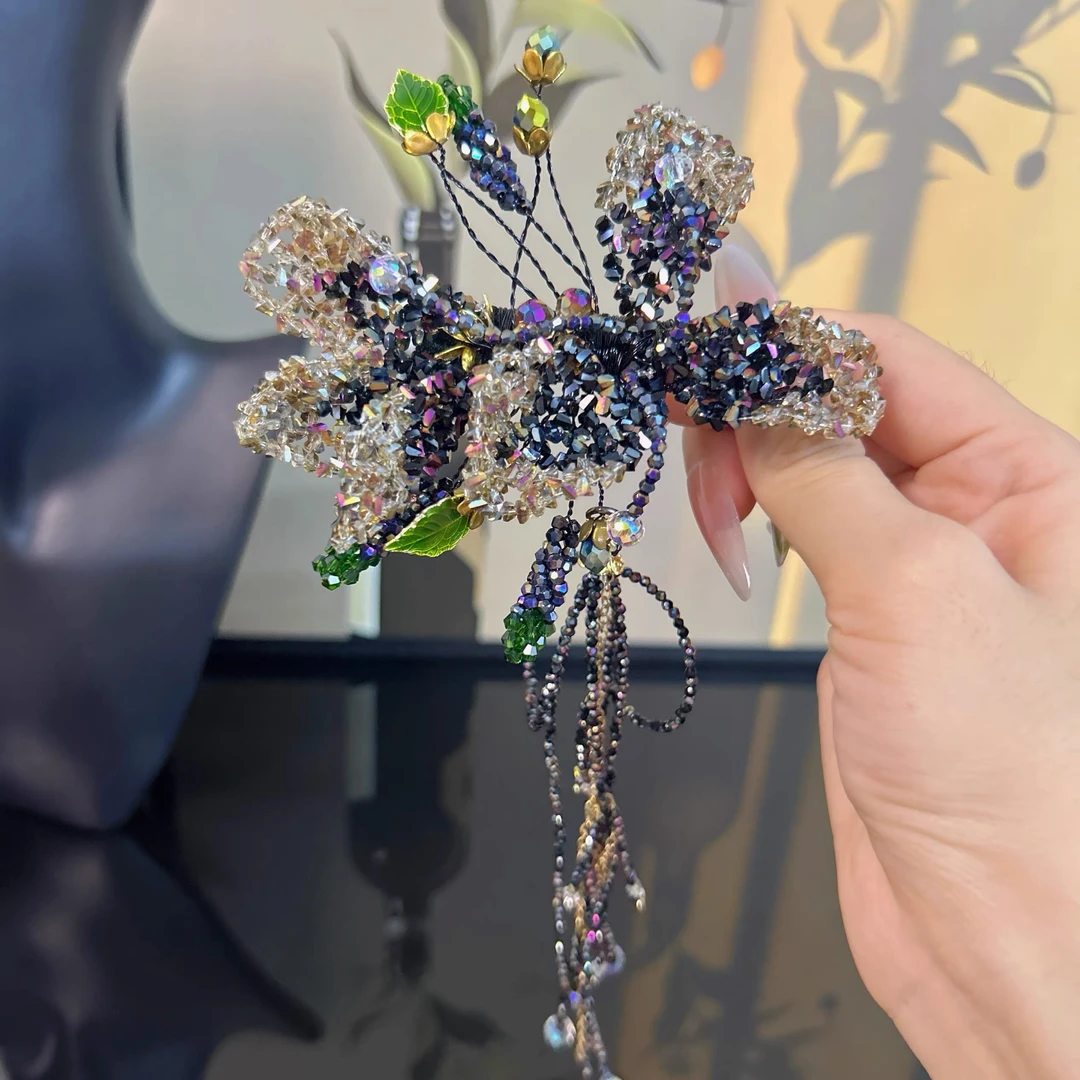 西子家黑金山茶花鸢尾系列手工串珠流苏发夹女小众设计高奢边夹女