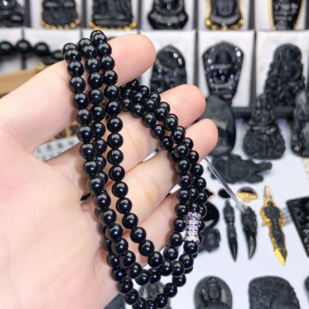 颈饰未镶嵌翡翠生****且缅甸A货墨翠118颗珠链