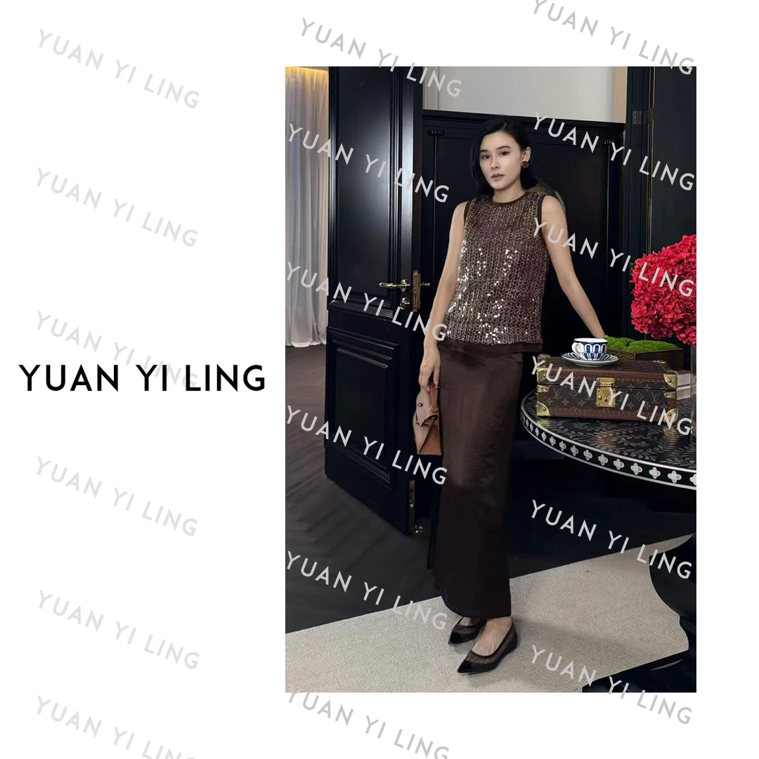 袁艺灵【漫步银河】25夏季新款法式高定醋酸缎直筒开叉半身裙