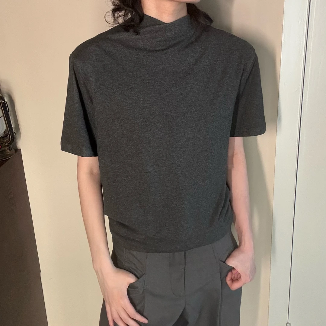 A+半高领短袖t恤男女同款莫代尔夏季打底休闲百搭纯色半袖简约