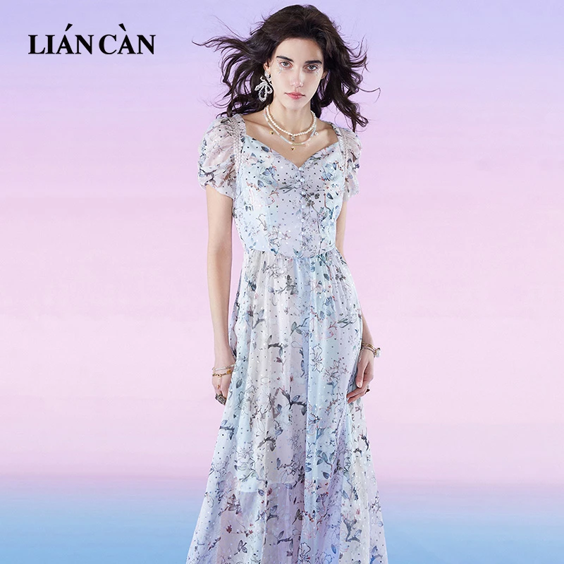 莲灿2025夏季新商场同款波西米亚风V领雪纺短袖连衣裙71EO224034