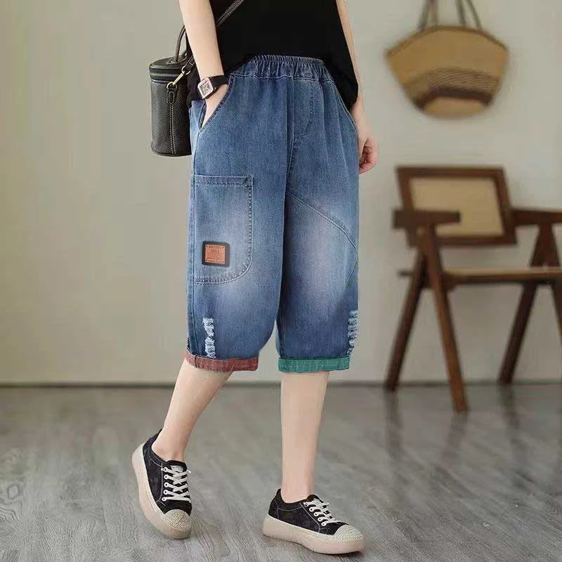夏季薄款弹力五分牛仔裤女文艺复古宽松大码休闲百搭显瘦哈伦裤